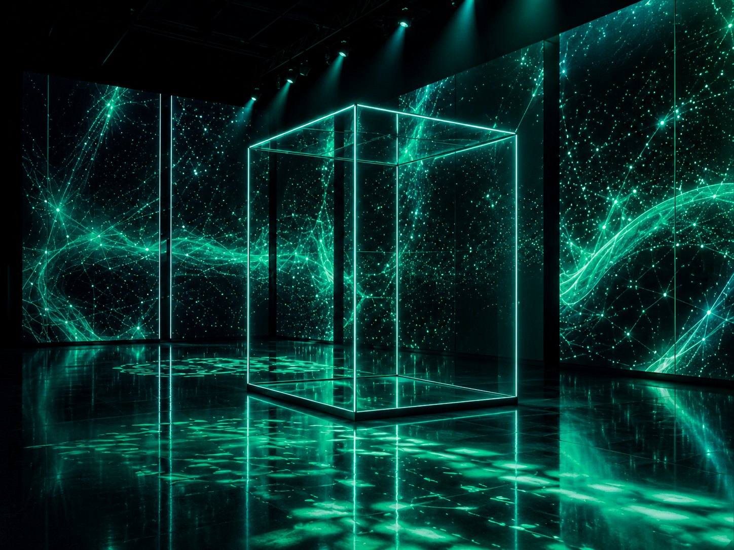 Immersive digital exhibition environment with glowing cube installation